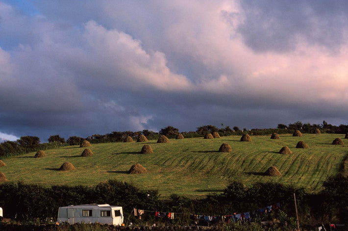 Field with Hay Stacks, Caravan, Clothesline, Ireland