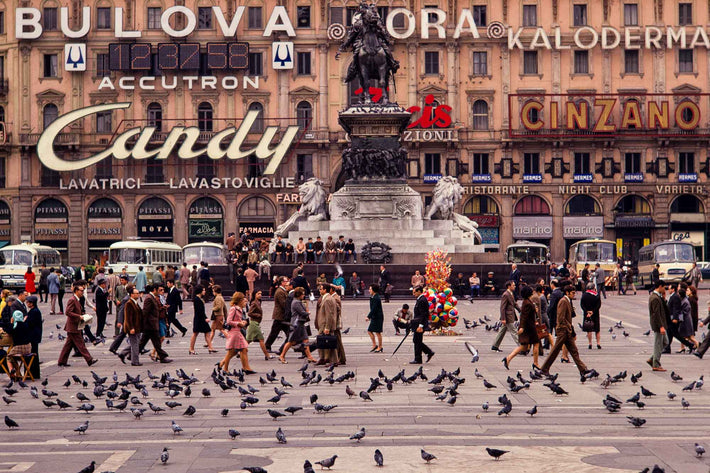 People, Pigeons, Signs in Piazza del Duomo, Milan