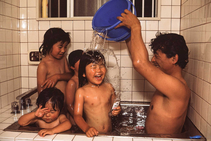 Dad and Kids in Bath Pouring Water, Kamakura