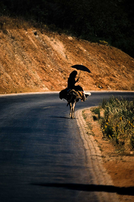 Woman on Donkey with Umbrella, Portugal