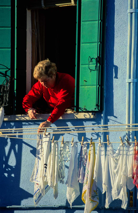 Woman in Red, Green Shutters, Laundry, Burano