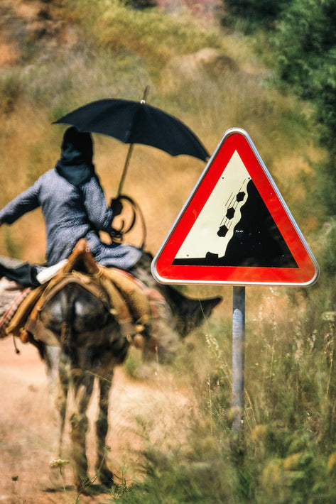 Woman on Donkey with Sign, Portugal