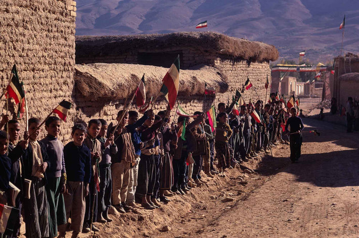 Children Lined up Against Wall with Flags, Iran