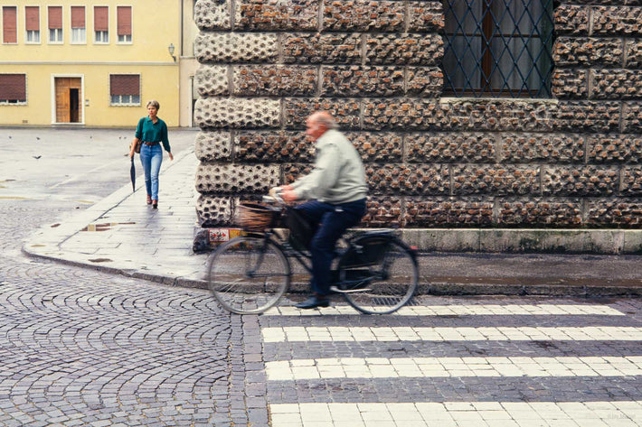 Blurred Man on Bike, Woman Walking, Vicenza