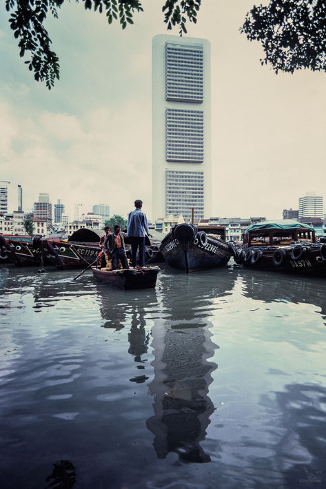 Men in Boat, Building Against Sky, Singapore