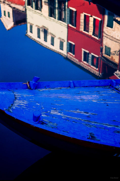 Blue Bow of Boat, Red and White Buildings Reflections, Burano