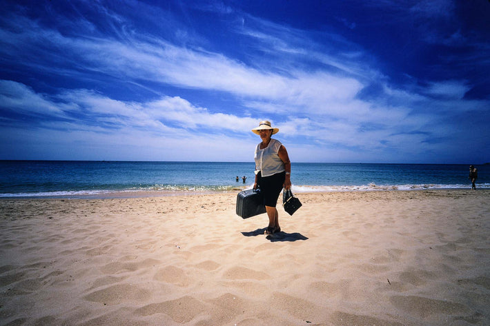 Woman on Beach, Suitcase, Portugal