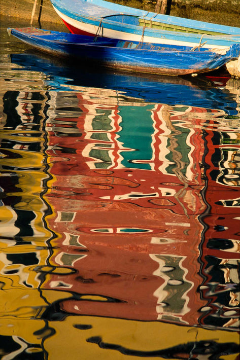 Two Blue Skiffs, Red Square Reflection, Burano