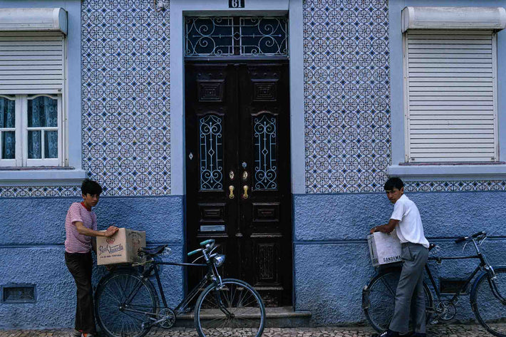 Two Boys with Bikes, Tiled Background, Portugal
