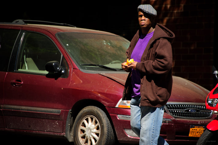 Man in Purple Shirt, Car, NYC
