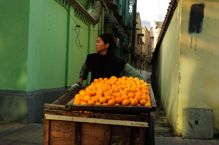 Woman with Oranges, Cart, Shanghai