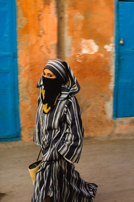 Woman with Striped Djellaba, Two Blue Doors, Marrakech