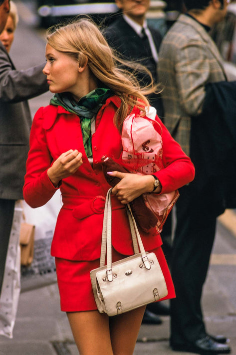 Woman in Red with White Handbag, London