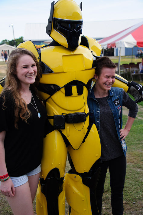 Two Girls Posing with Yellow Robot, Maine