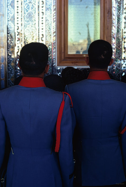 Two Men, Blue Coats, Outside of Shah Cheragh, Iran