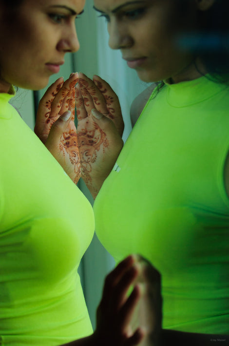 Woman and Reflection with Henna Hands, Mumbai
