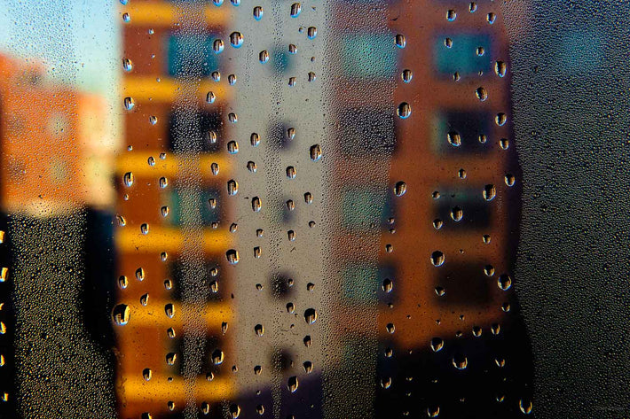 Waterdrops on Window, Buildings Behind