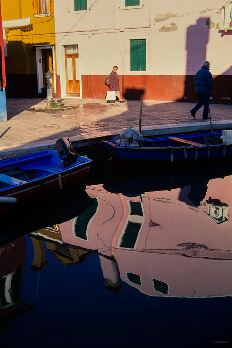 Two Figure, Building, Reflection in Canal, Burano