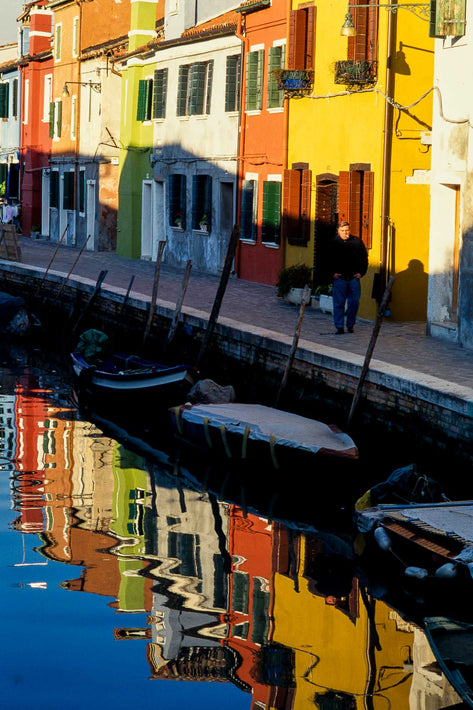 Houses Reflections, Man, Bright Colors, Burano