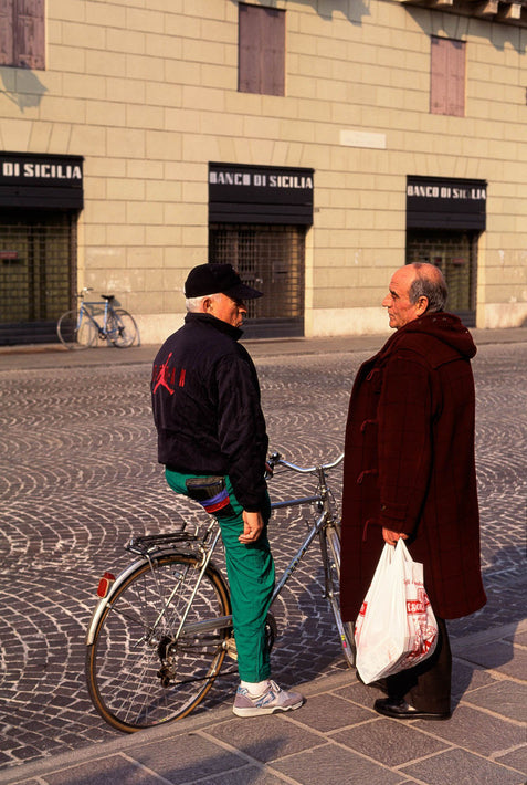 Two Men Talking, One on Bike, Vicenza