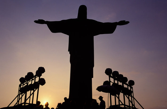Christ the Redeemer Statue, Silhouette, Array of Lights, Sunset, Rio de Janeiro
