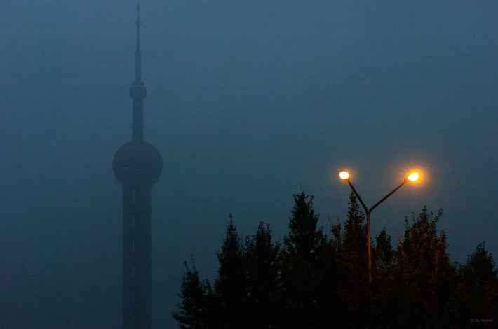 Fog, Building, Two Lights, Shanghai