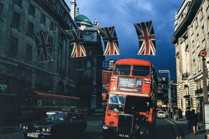 Bus, Flags, Dark Sky, London