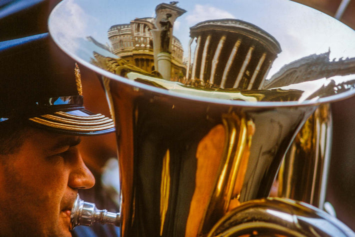 Man with Tuba and Reflections, London