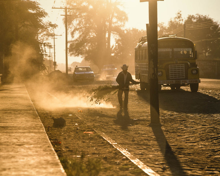 Man, Bus, Dusty Road, Oaxaca