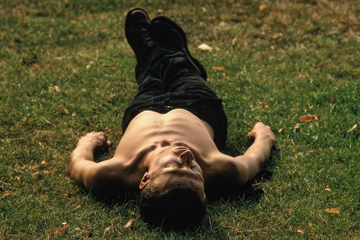Man Lying in Grass, No Shirt, London