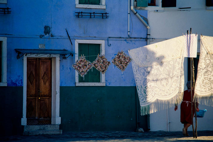 Blue House, Hanging Lace, Woman, Burano