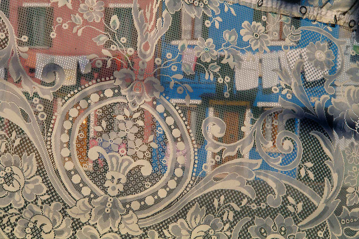 Close-up of Lace with Red and Blue in Background, Burano