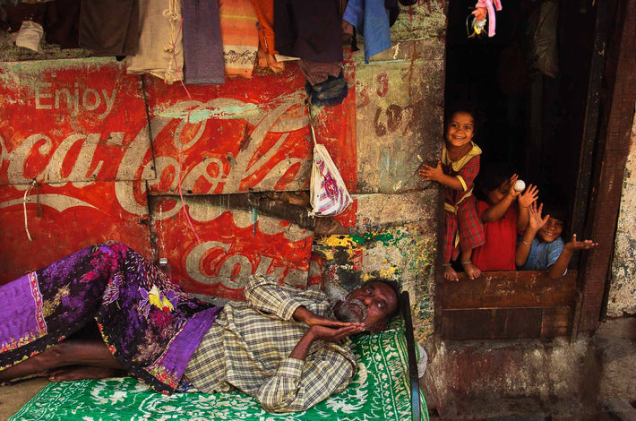 Man in Bed, Kids, Coke Sign, Mumbai