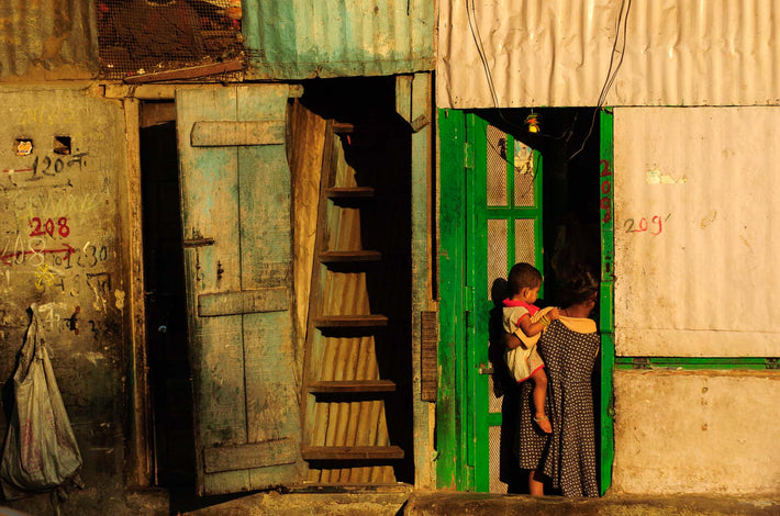 Woman and Child in Green Trim Doorway, Mumbai