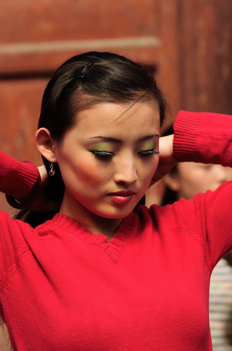 Close-up, Girl in Red Adjusting Hair, Pingyao