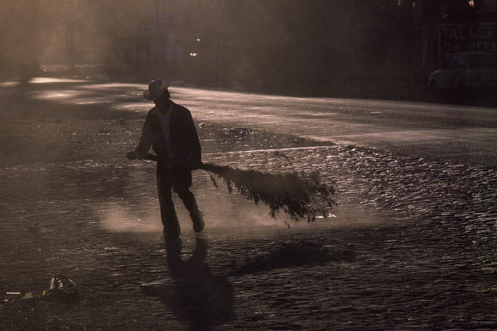 Man Using Tree to Clean Street, Mexico