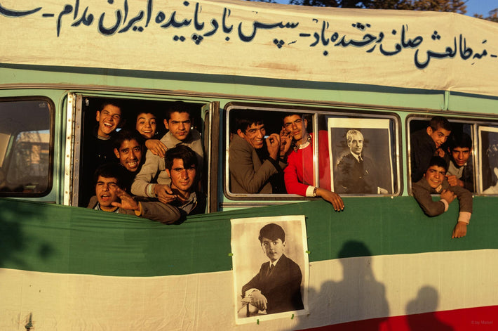 Side of Bus with Kids Laughing and Posing, Iran